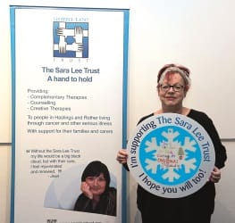 Jo Brand says ‘Don’t get fed up with caring at Christmas and support the Sara Lee Trust’s Snowflake Window Campaign'.