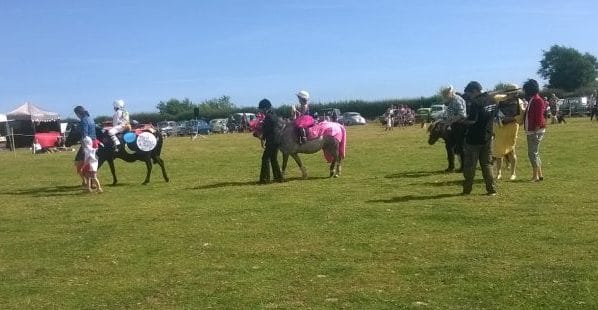 Three competitors, girls and donkeys dressed up