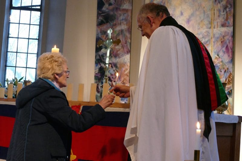 Mary Stanford RNLI service at Rye Harbour November 20th 2016 candle being lit for Michael Cutting by Sylvia Sage he was her great Uncle